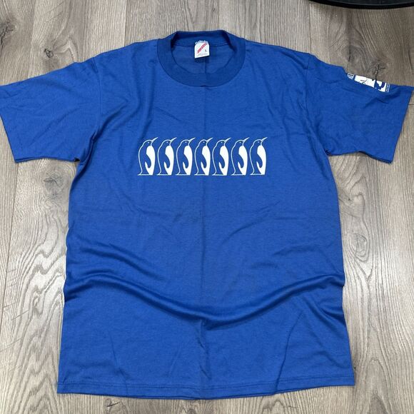 Vintage 80s Single Stitch Penguins Marching Tee T Shirt Size Large - Picture 2 of 7